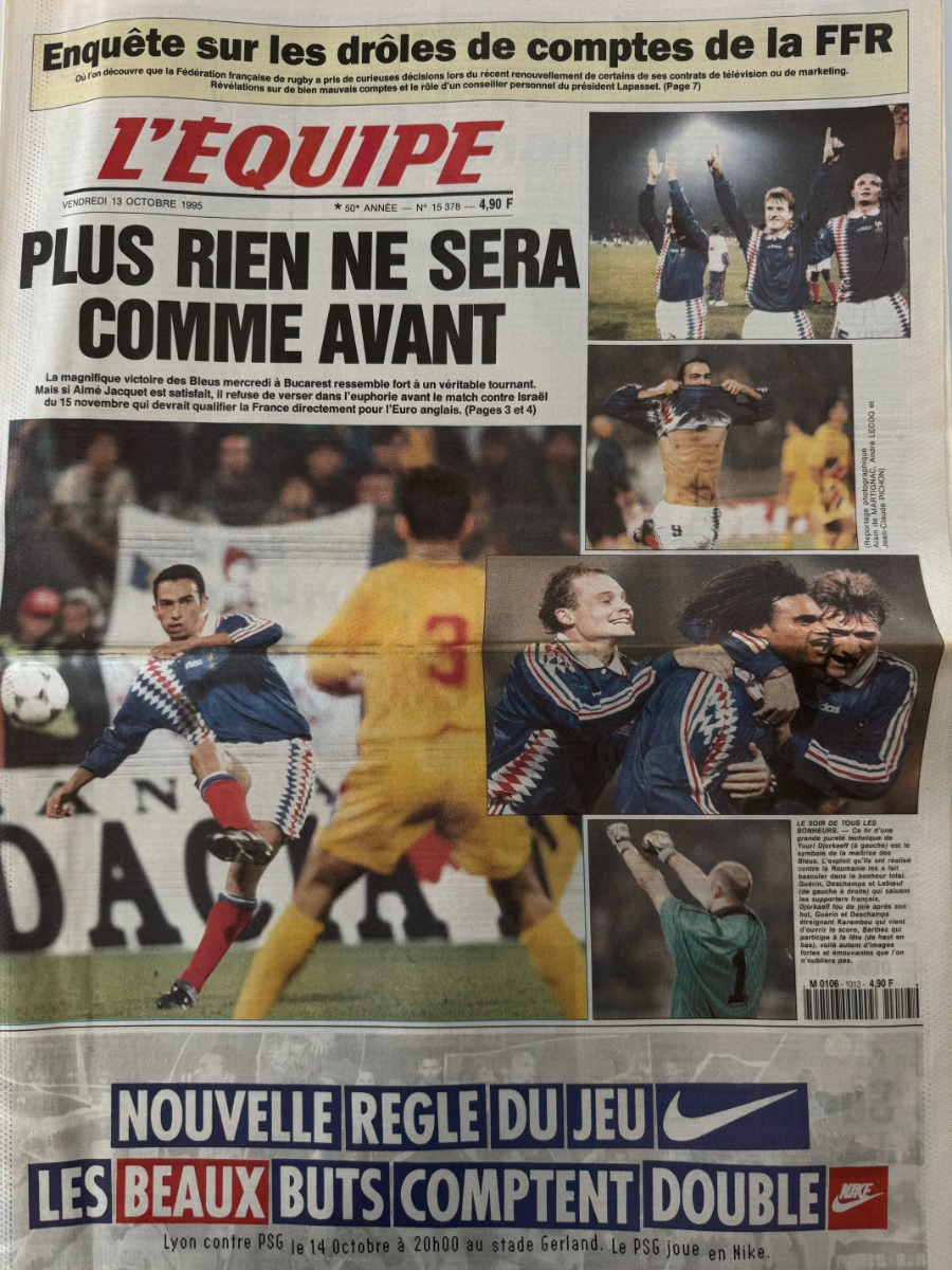 Journal l'équipe 13/10/1995 Plus rien ne sera comme avant France / Roumanie - football - Journal L'Équipe authentique - Revue Vintage