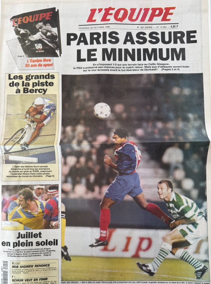 Journal l'équipe 20/10/1995 Paris assure le minimum PSG / Glasgow Coupe d'Europe - football - Journal L'Équipe authentique - Revue Vintage