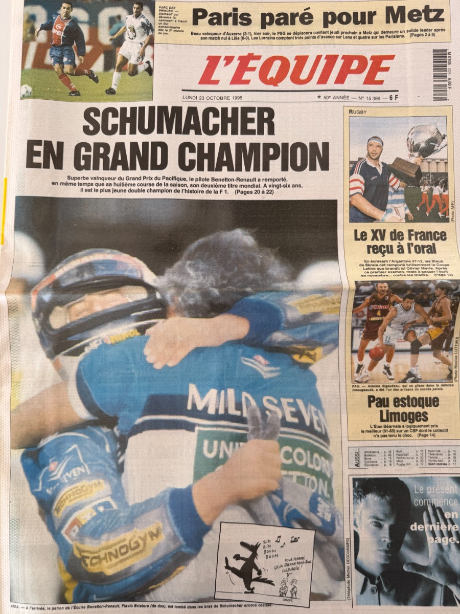 Journal l'équipe 23/07/1995 Michael Schumacher en grand champion double champion du monde - Formule 1 - Journal L'Équipe authentique - Revue Vintage