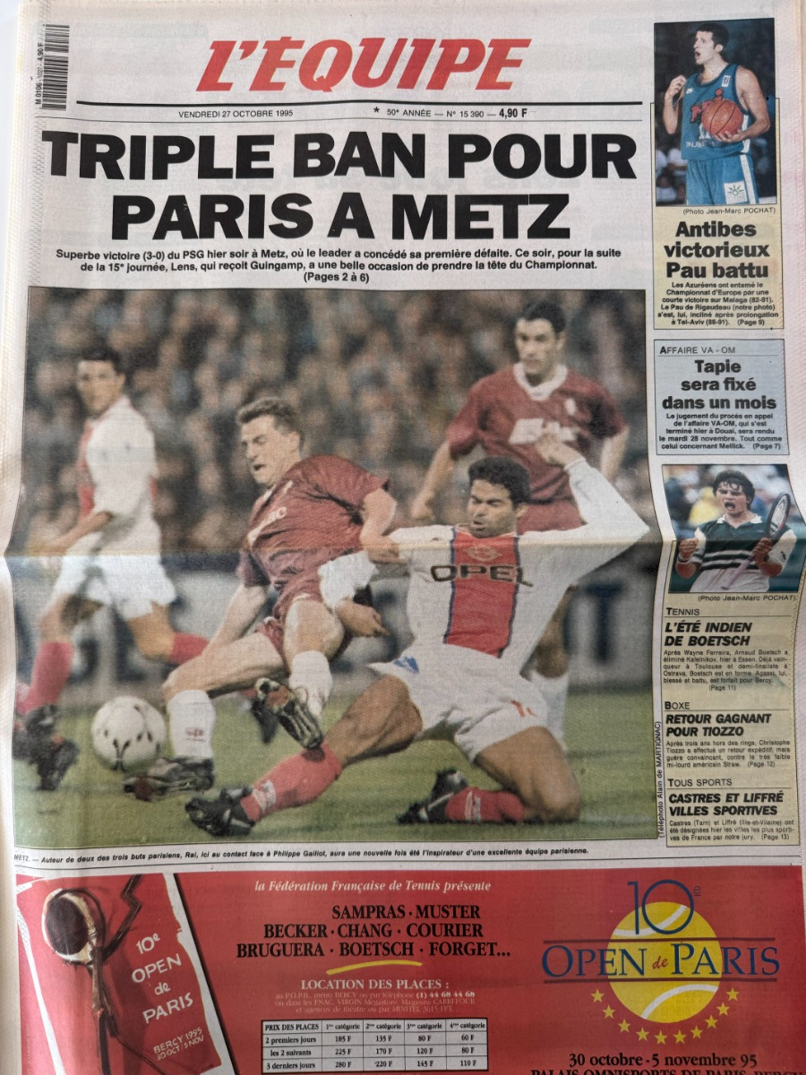 Journal l'équipe 27/10/1995 Triple ban pour Paris a Metz - Football - Journal L'Équipe authentique - Revue Vintage