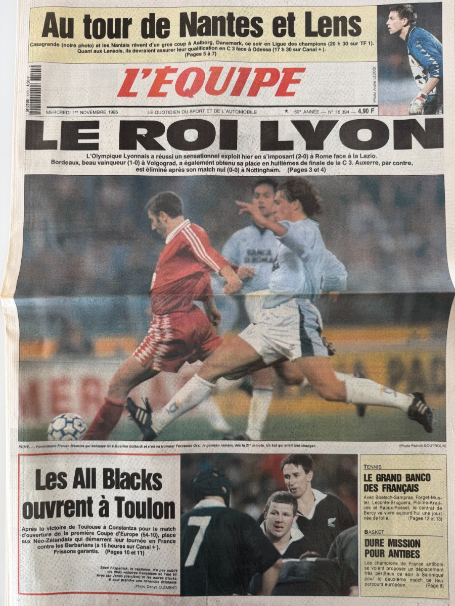 Journal l'équipe 01/11/1995 Le roi Lyon - Lyon / Lazio - Football - Journal L'Équipe authentique - Revue Vintage
