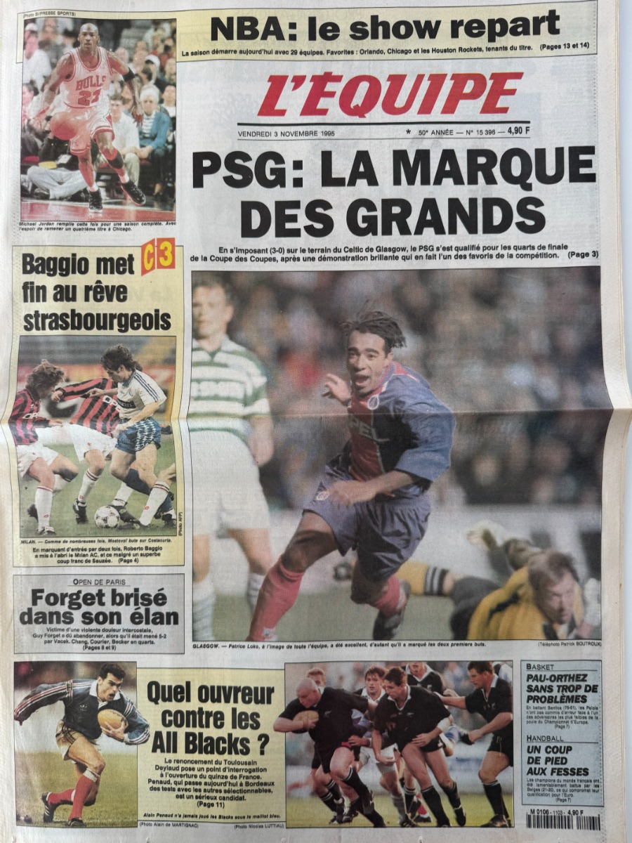 Journal l'équipe 03/11/1995 PSG la marque des grands - Paris / Celtic - Football - Journal L'Équipe authentique - Revue Vintage
