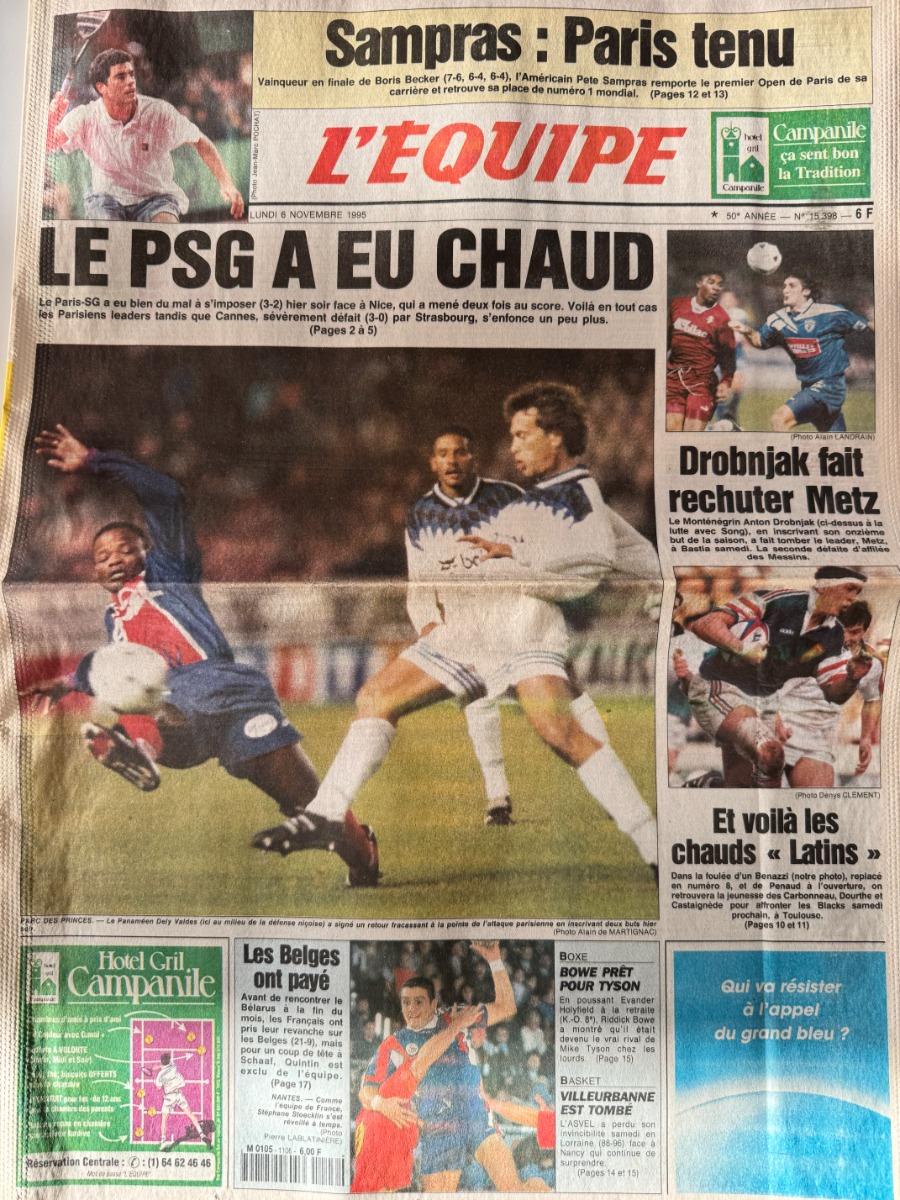 Journal l'équipe 06/11/1995 Paris a eu chaud - Football - Journal L'Équipe authentique - Revue Vintage