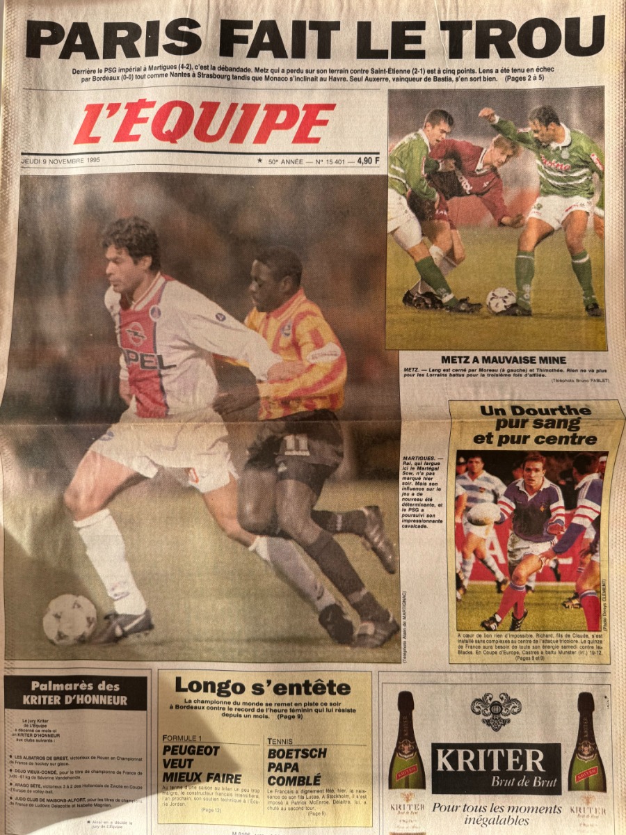Journal l'équipe 09/11/1995 Paris fait le trou - PSG / Martigues - Football - Journal L'Équipe authentique - Revue Vintage