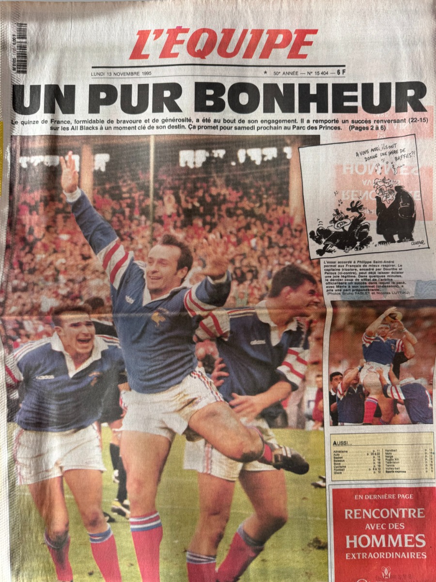 Journal l'équipe 11/11/1995 France / All Blacks - Un pur bonheur - Rugby - Journal L'Équipe authentique - Revue Vintage