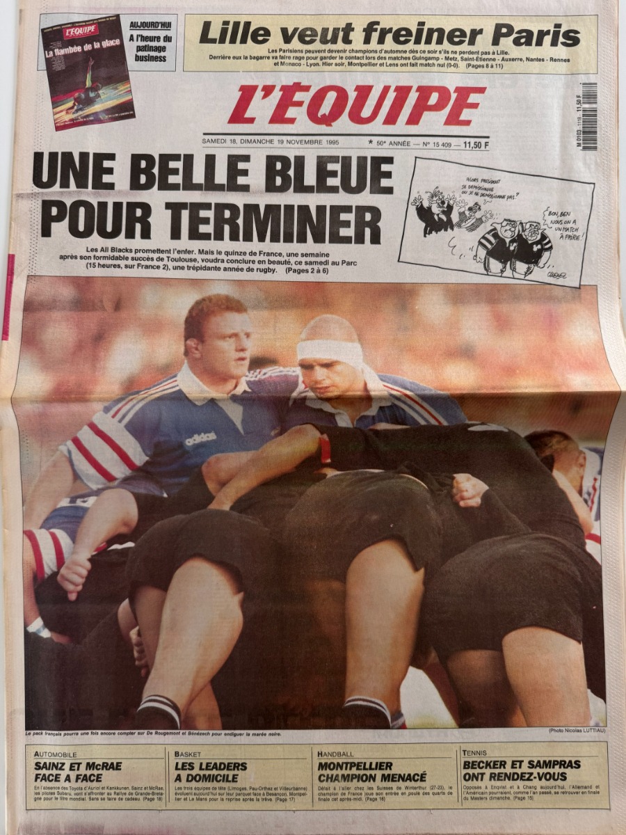 Journal l'équipe 18/11/1995 France / All Blacks promettent l'enfer - Rugby - Journal L'Équipe authentique - Revue Vintage
