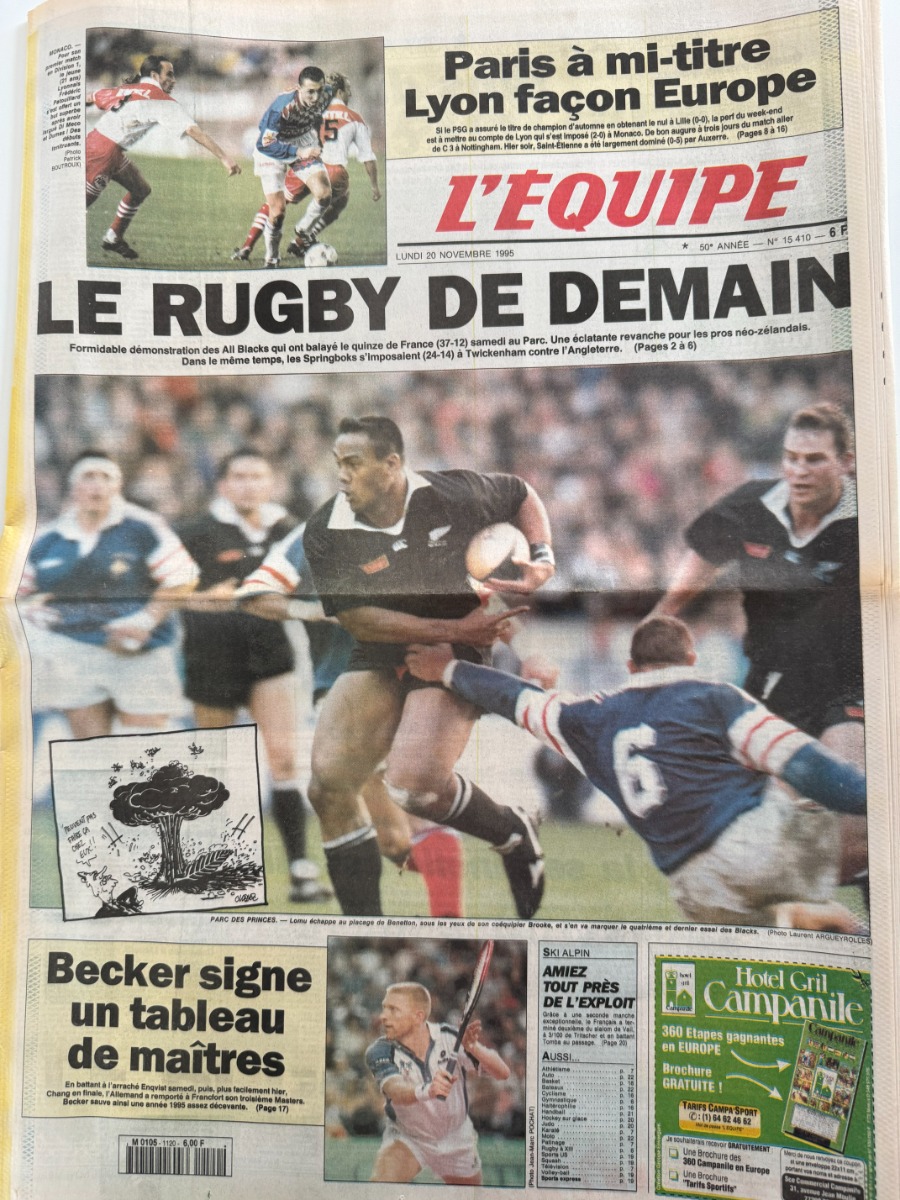 Journal l'équipe 20/11/1995 France / All Blacks Le rugby de demain - - Journal L'Équipe authentique - Revue Vintage