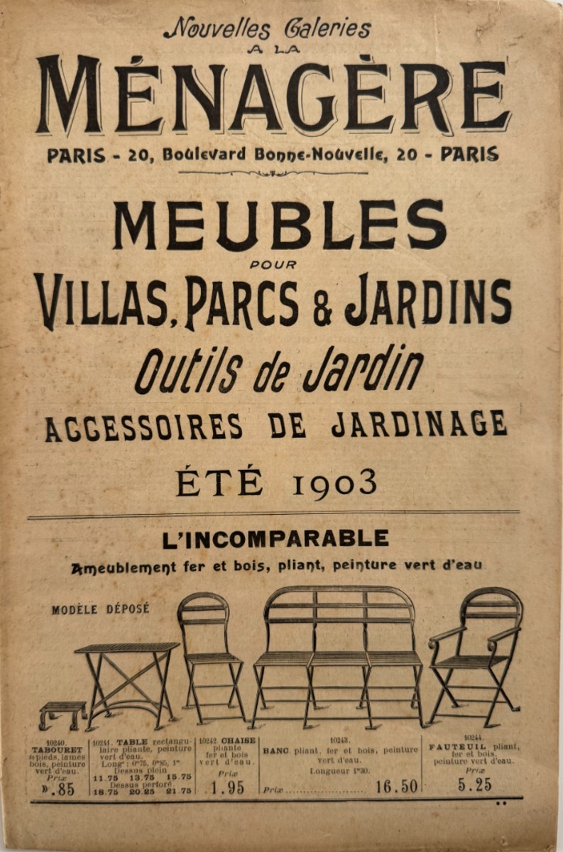 Catalogue Nouvelles galeries Ménagère meuble pour jardins et villas, parcs, outils de jardin 1903 - Divers authentique - Revue Vintage