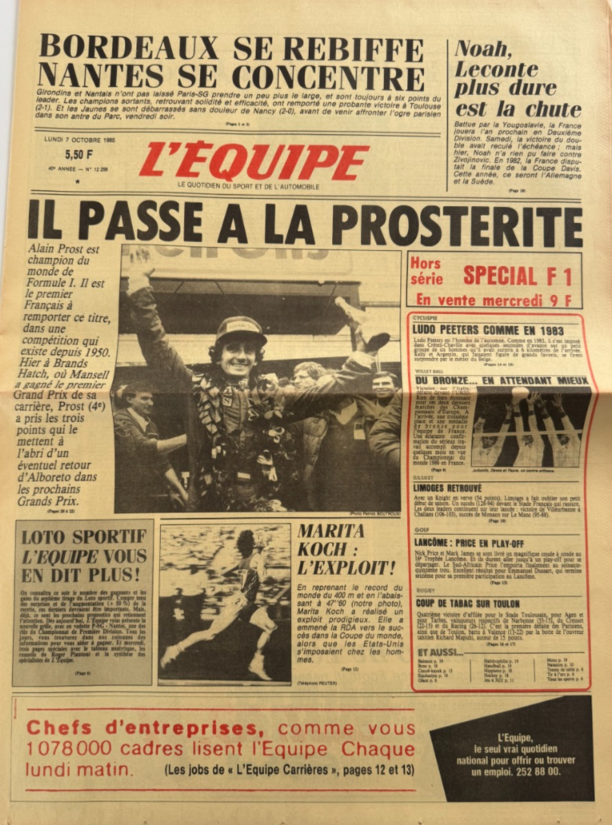 Journal l'équipe 07/10/1985 Il passe a la Prostérité - Alain Prost Champion du Monde - Formule 1 - Journal L'Équipe authentique - Revue Vintage