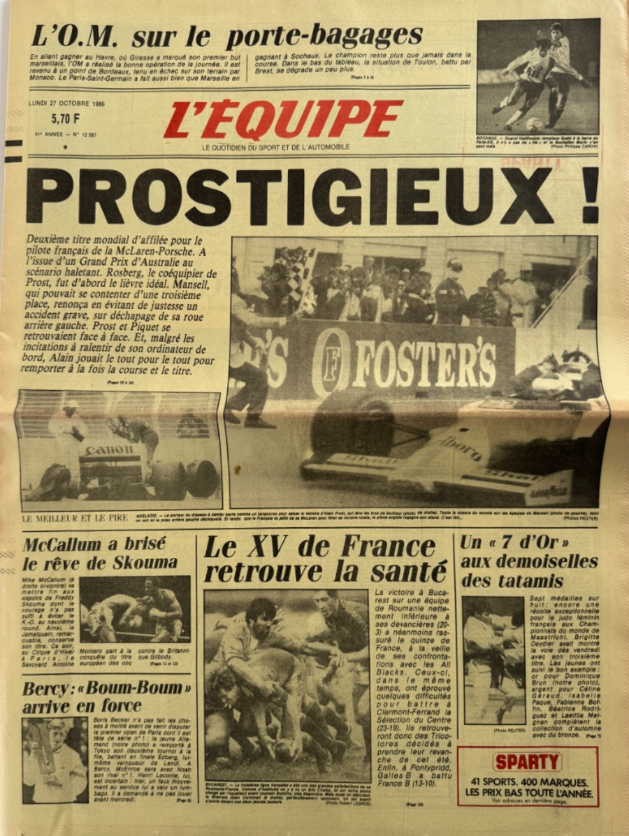 Journal l'équipe 27/10/1986 Prostigieux - Alain Prost Champion du Monde - Formule 1 - Journal L'Équipe authentique - Revue Vintage