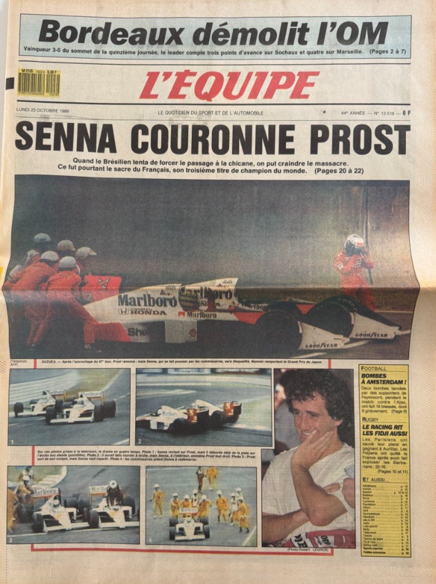 Journal l'équipe 23/10/1989 Senna couronne Prost - Alain Prost Champion du Monde - Formule 1 - Journal L'Équipe authentique - Revue Vintage