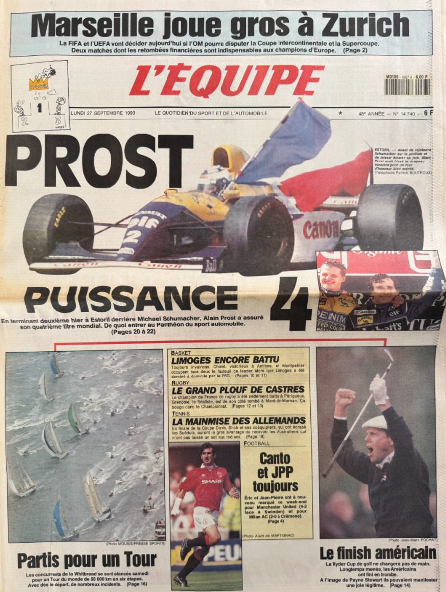 Journal l'équipe 27/09/1993 Prost Puissance 4 - Alain Prost Champion du Monde - Formule 1 - Journal L'Équipe authentique - Revue Vintage