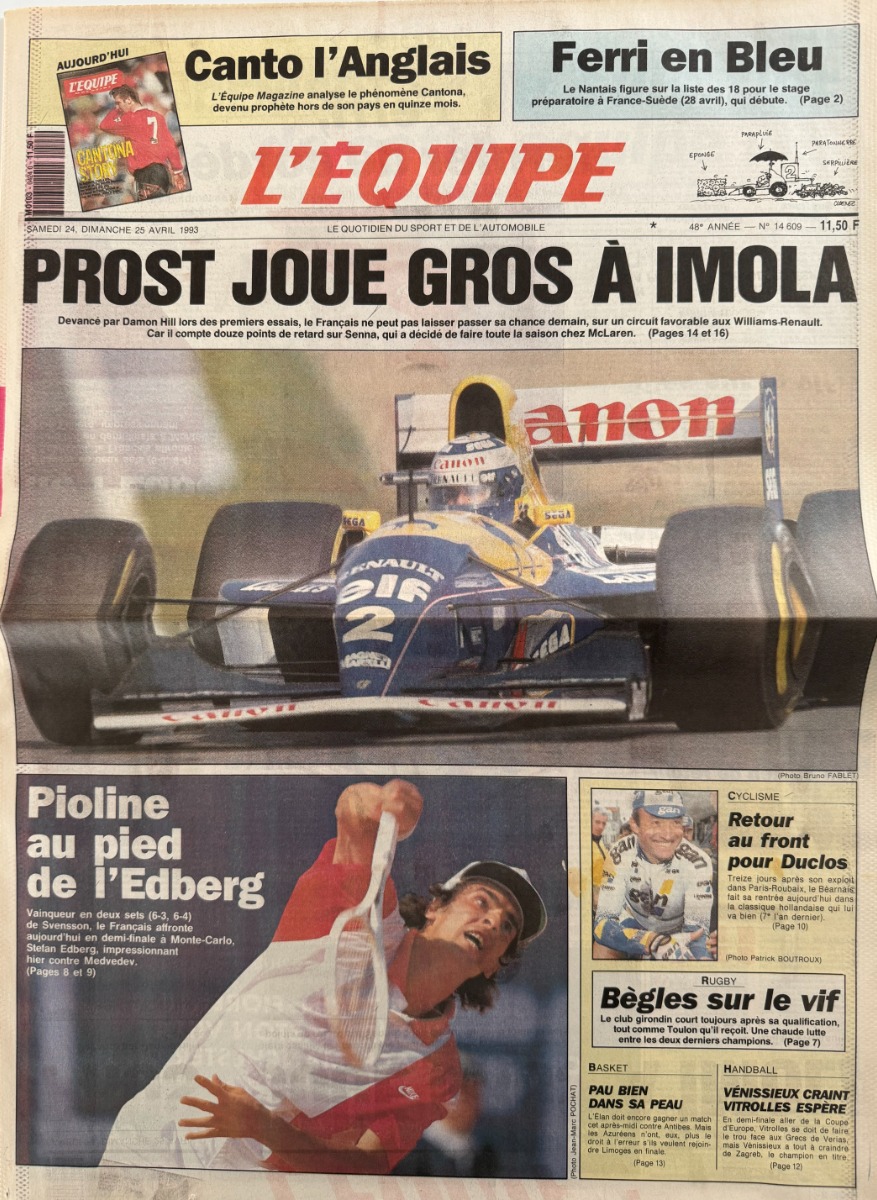 Journal l'équipe 24/04/1993 Alain Prost joue gros a Imola  - Formule 1 - Journal L'Équipe authentique - Revue Vintage