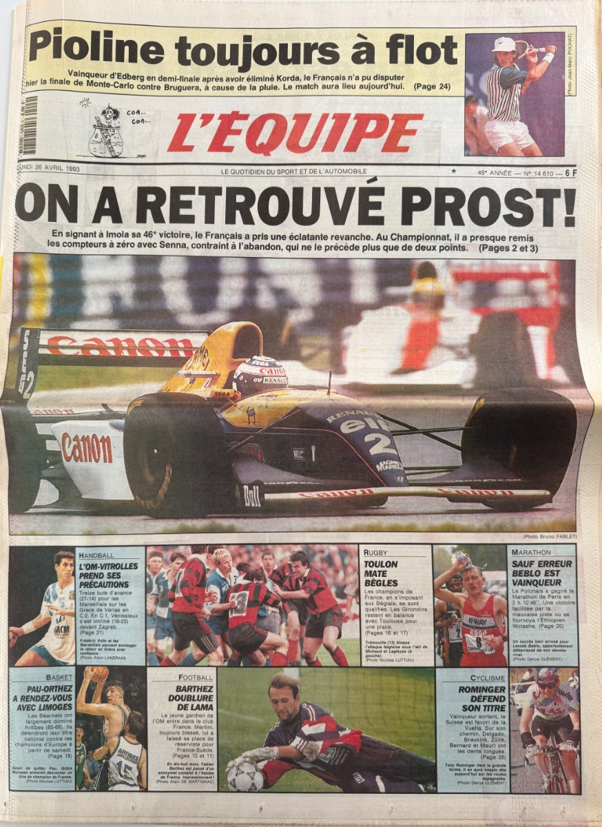 Journal l'équipe 26/04/1993 On a retrouvé Alain Prost !!! - Formule 1 - Journal L'Équipe authentique - Revue Vintage