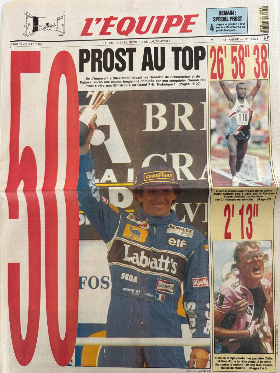 Journal l'équipe 12/07/1993 Alain Prost au Top !!! 50e Victoire - Formule 1 - Journal L'Équipe authentique - Revue Vintage