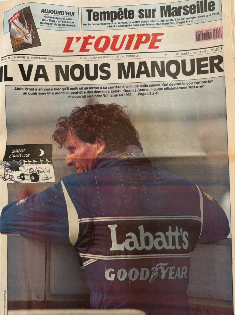 Journal l'équipe 25/09/1993 Il va nous manquer Alain Prost retraite - Formule 1 - Journal L'Équipe authentique - Revue Vintage