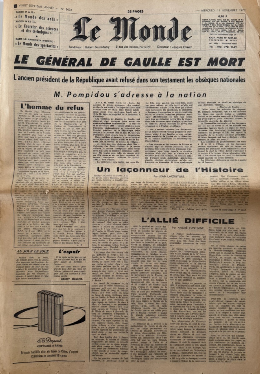 Le Monde du 11 novembre 1970 Mort du Général Charles de Gaulle - Vieux papiers authentique - Revue Vintage