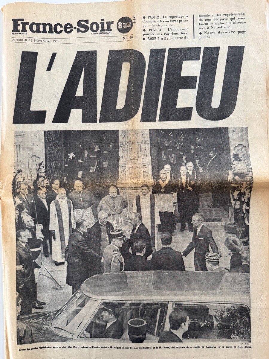France Soir du 13 novembre 1970 Mort du Général Charles de Gaulle - L'Adieu - Vieux papiers authentique - Revue Vintage