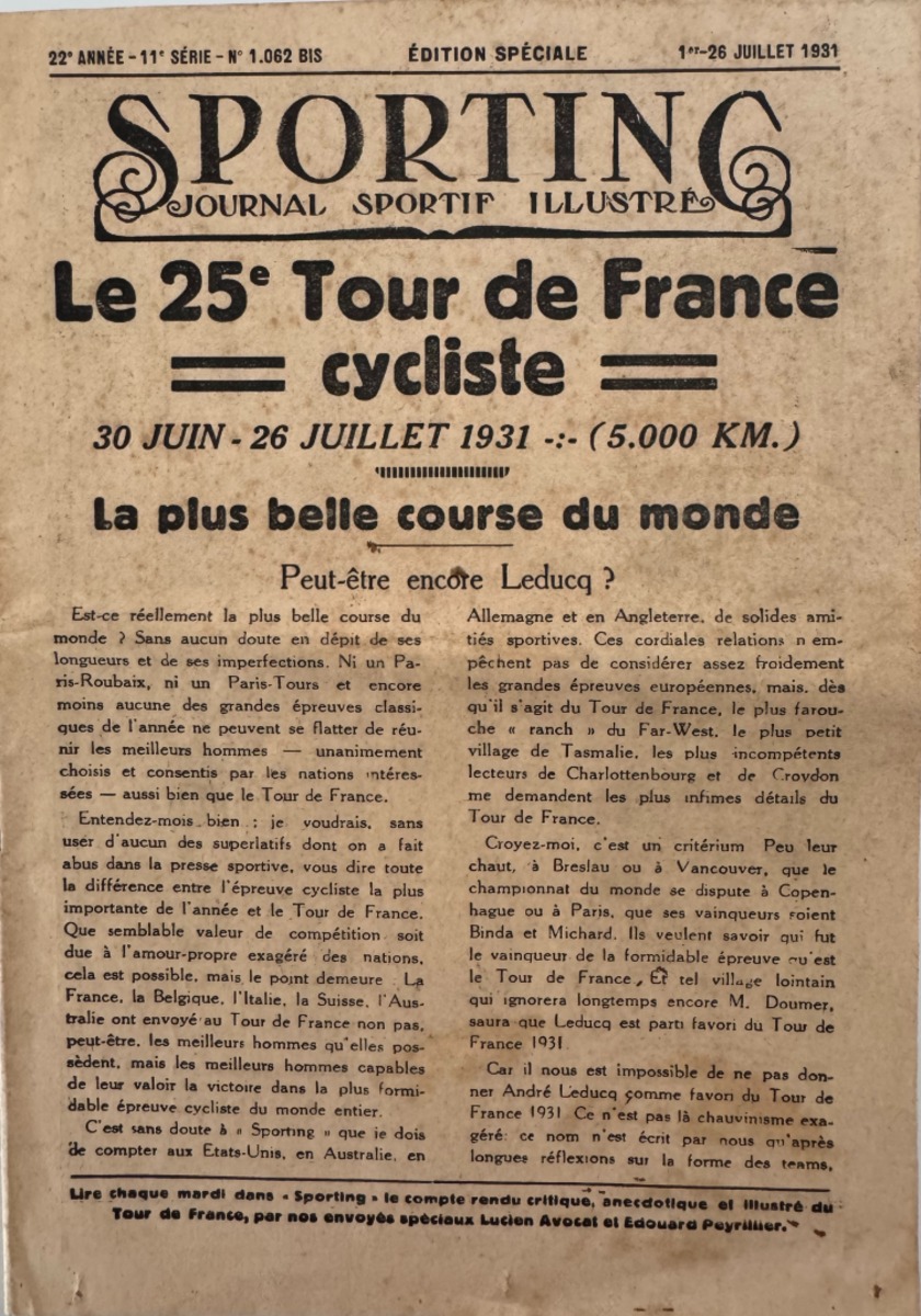 Sporting Programme du Tour de France 1931 - Edition spéciale - Cyclisme authentique - Revue Vintage
