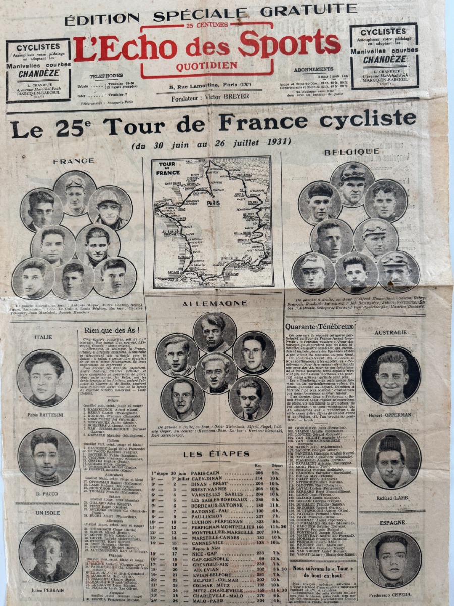 Edition gratuite l'Echo des Sports - Tour de France 1931 - Journal L'Équipe authentique - Revue Vintage