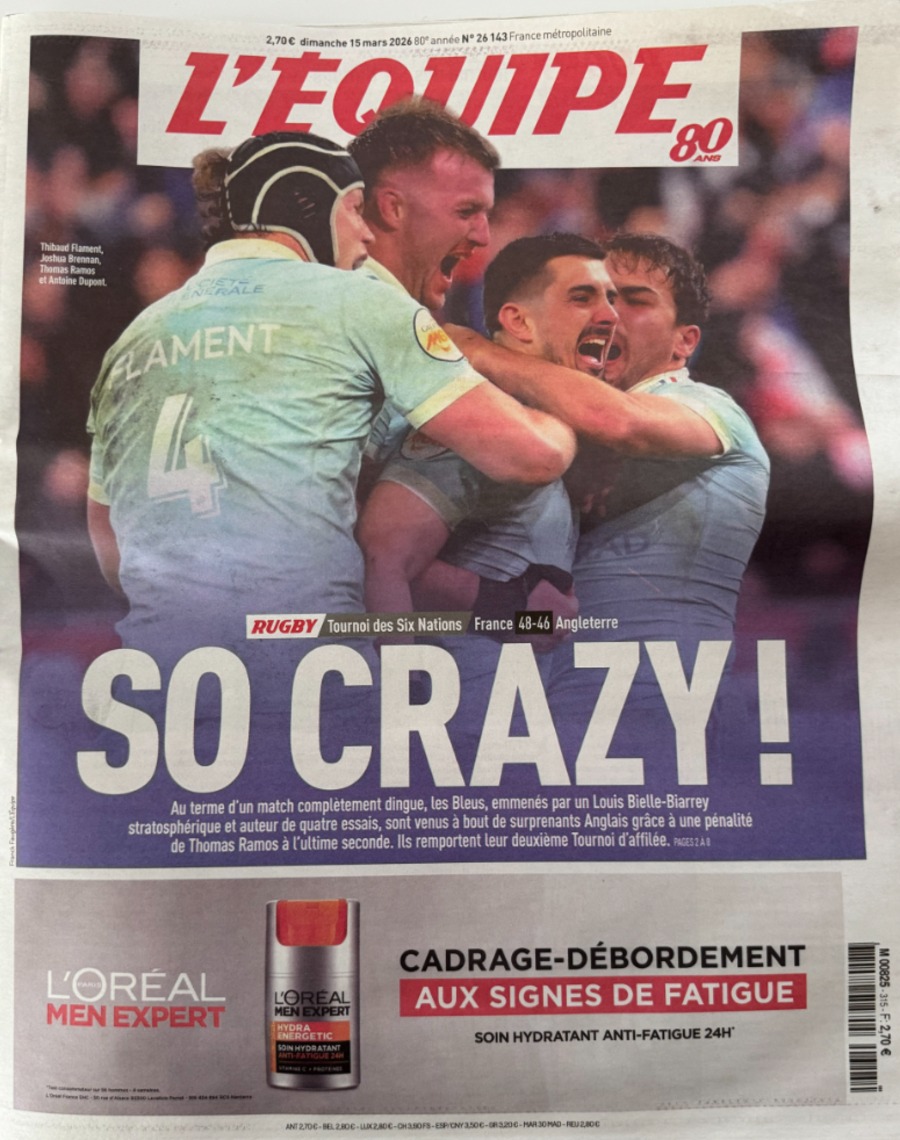 Journal l'équipe 15/03/2026 SO CRAZY !! Tournoi des 6 nations France / Angleterre - Rugby - Journal L'Équipe authentique - Revue Vintage
