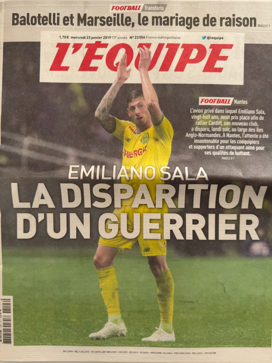 Journal l'équipe 23/01/2019 Emiliano Sala - La disparition - Football - FC Nantes - Journal L'Équipe authentique - Revue Vintage