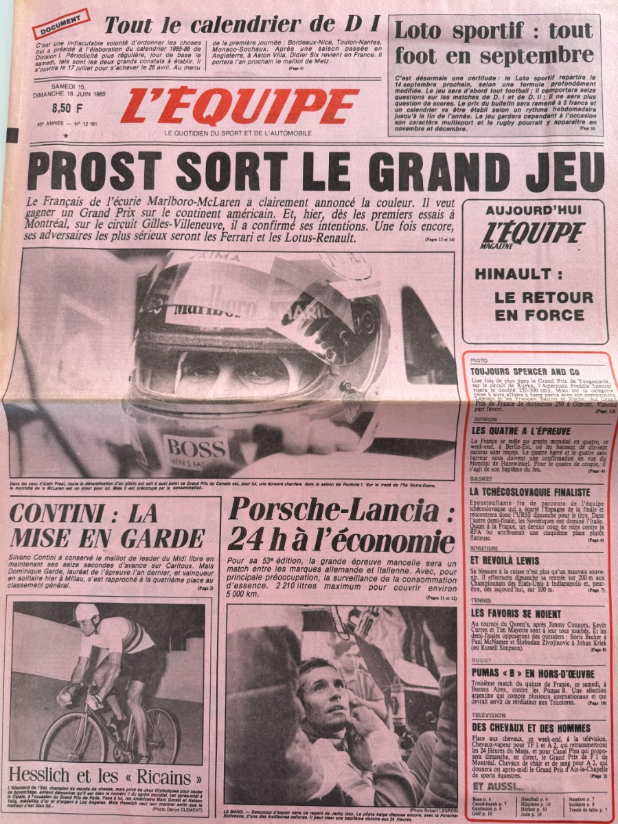 Journal l'équipe 15/06/1985 Alain Prost sort le grand jeu - Formule 1 - Journal L'Équipe authentique - Revue Vintage