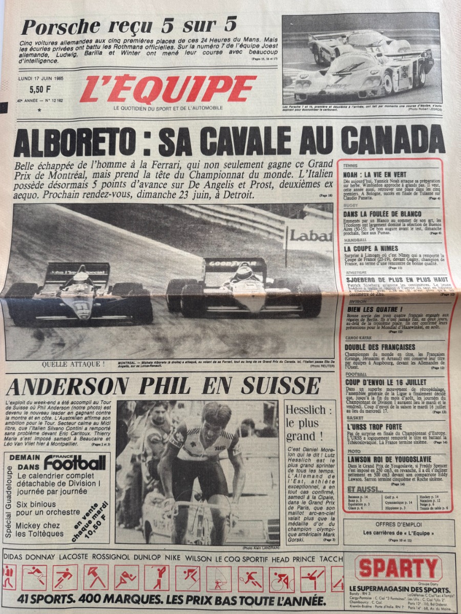 Journal l'équipe 17/06/1985 Alberto gagne le Grand Prix de Montréal  - Formule 1 - Journal L'Équipe authentique - Revue Vintage