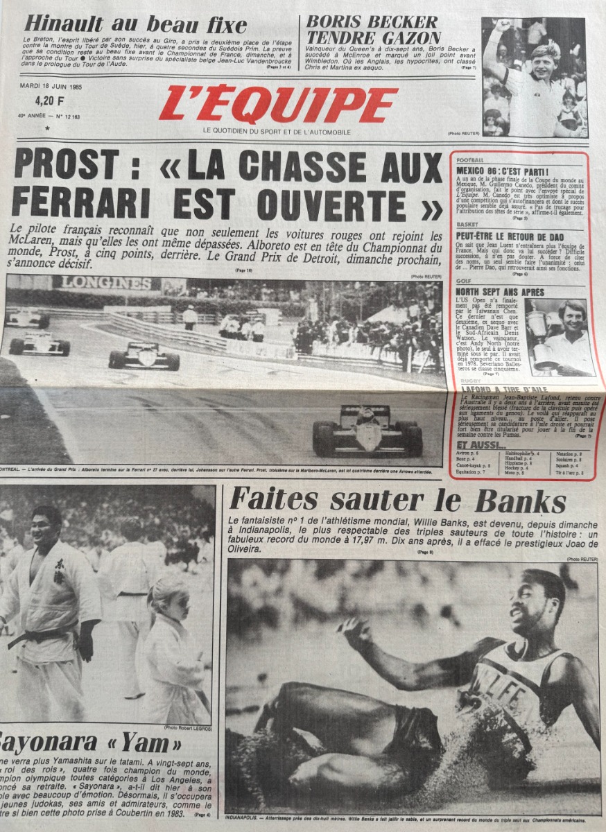 Journal l'équipe 18/06/1985 Alain Prost la chasse aux Ferrari - Formule 1 - Journal L'Équipe authentique - Revue Vintage