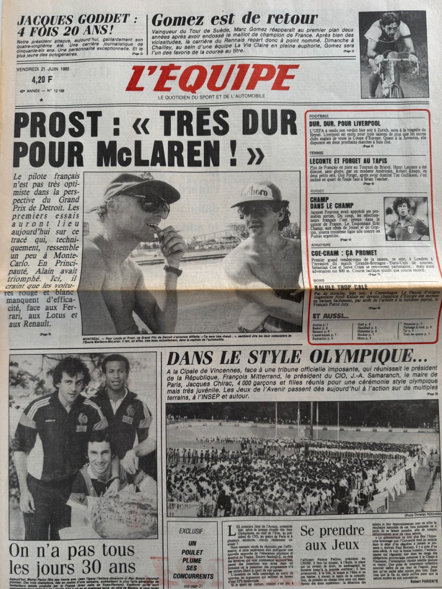 Journal l'équipe 21/06/1985 Alain Prost très dur pour Mc Laren !! - Formule 1 - Journal L'Équipe authentique - Revue Vintage