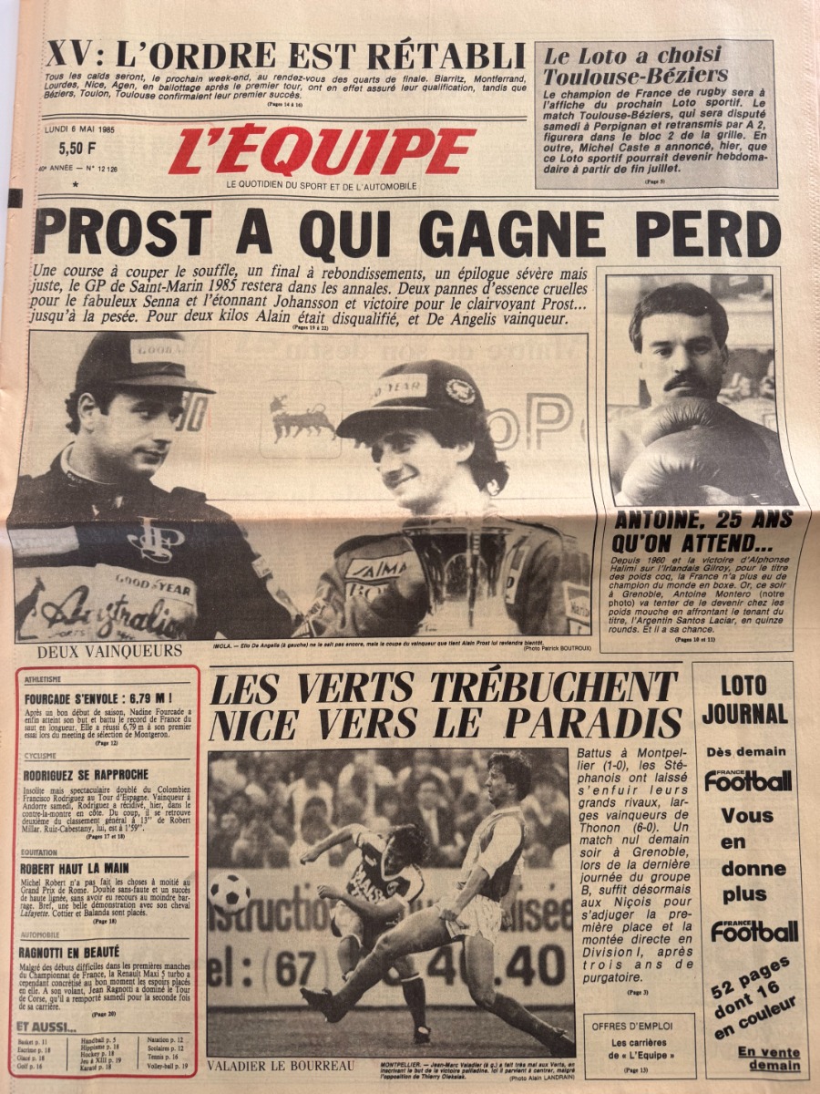 Journal l'équipe 06/06/1985 Alain Prost a qui gagne perd - Formule 1 - Ello De Angelis - Journal L'Équipe authentique - Revue Vintage