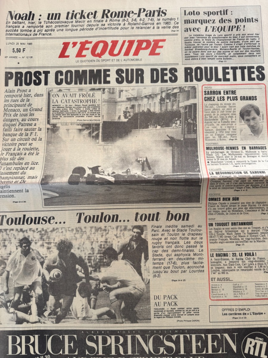 Journal l'équipe 20/05/1985 Alain Prost remporte le Grand Prix de Monaco !!!! - Formule 1 - Jeux Olympiques authentique - Revue Vintage