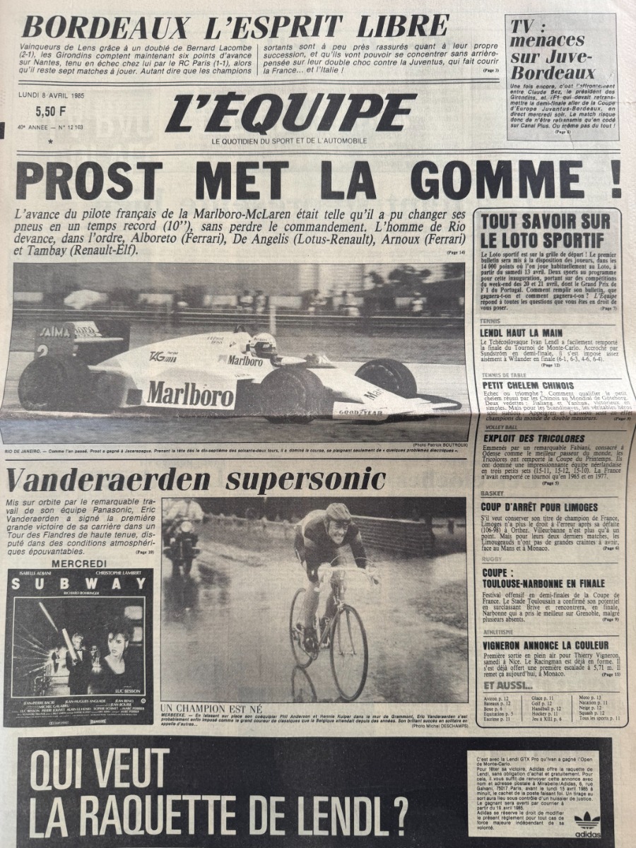 Journal l'équipe 08/04/1985 Alain Prost remporte le Grand Prix du Brésil !!!! - Formule 1 - Journal L'Équipe authentique - Revue Vintage