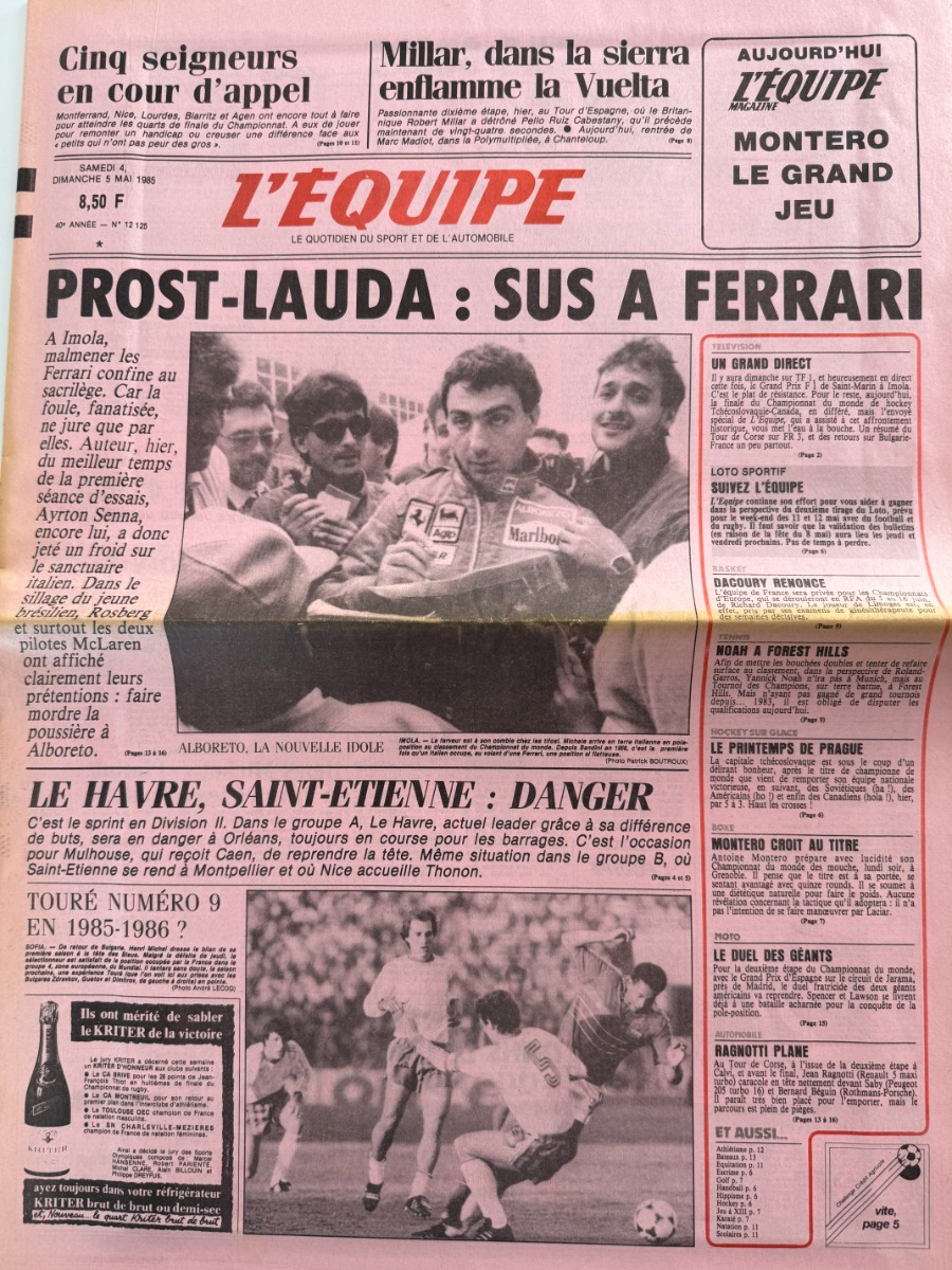 Journal l'équipe 05/05/1985 Prost - Lauda sus a Ferrari - Formule 1 - Journal L'Équipe authentique - Revue Vintage