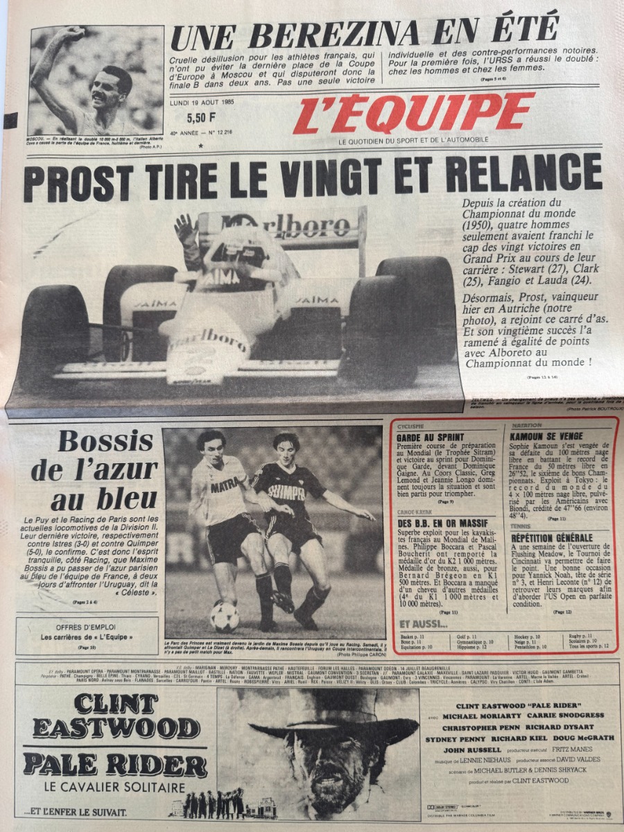 Journal l'équipe 19/08/1985 Alain Prost 20eme Victoire !!!! - Formule 1 - Journal L'Équipe authentique - Revue Vintage