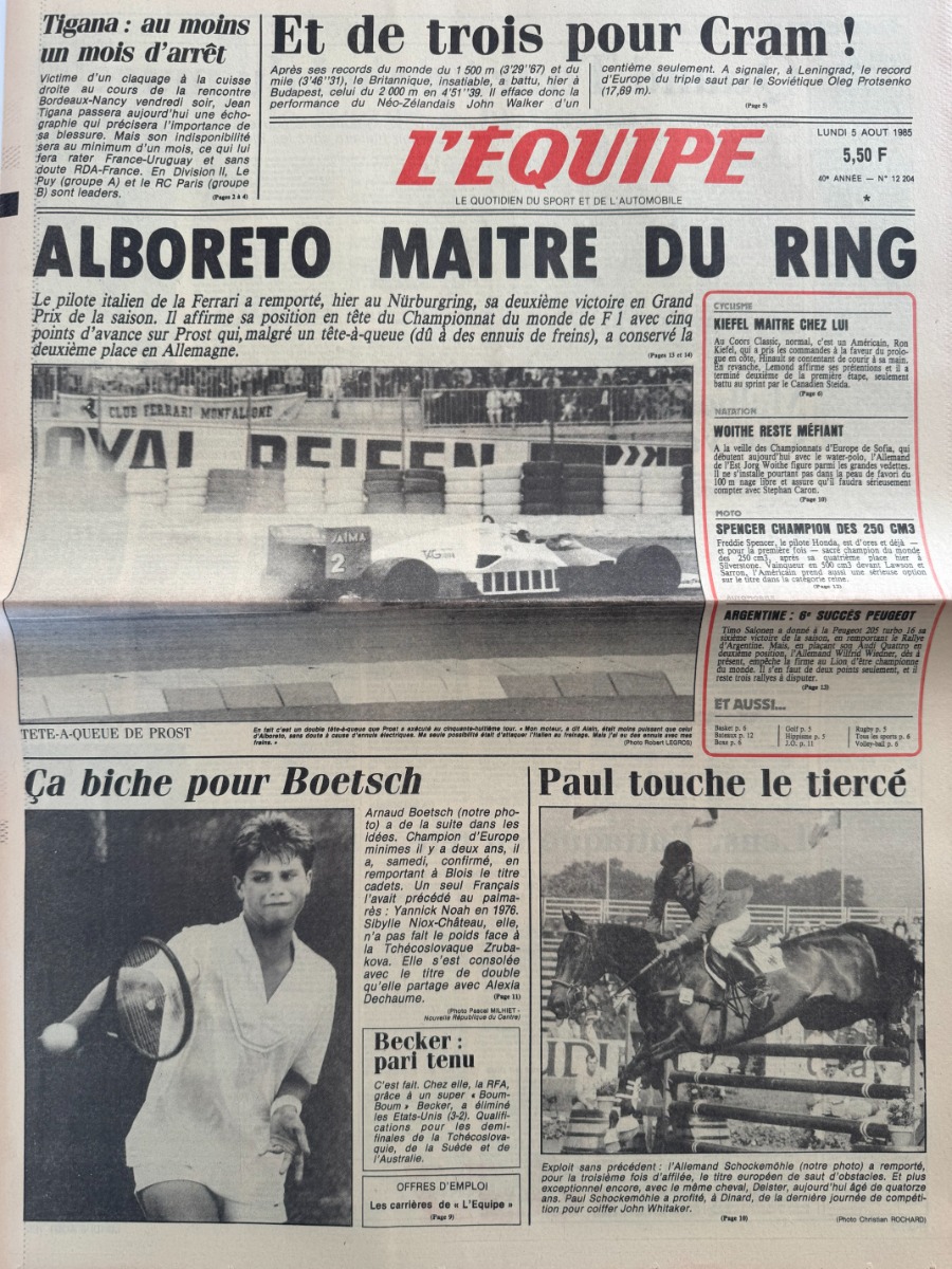 Journal l'équipe 05/08/1985 Alberto remporte le Grand Prix d'Allemagne - Formule 1 - Journal L'Équipe authentique - Revue Vintage