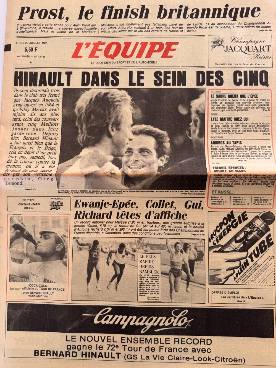 Journal l'équipe 22/07/1985 Bernard Hinault remporte le Tour de France 85 !!! Cyclisme - Journal L'Équipe authentique - Revue Vintage