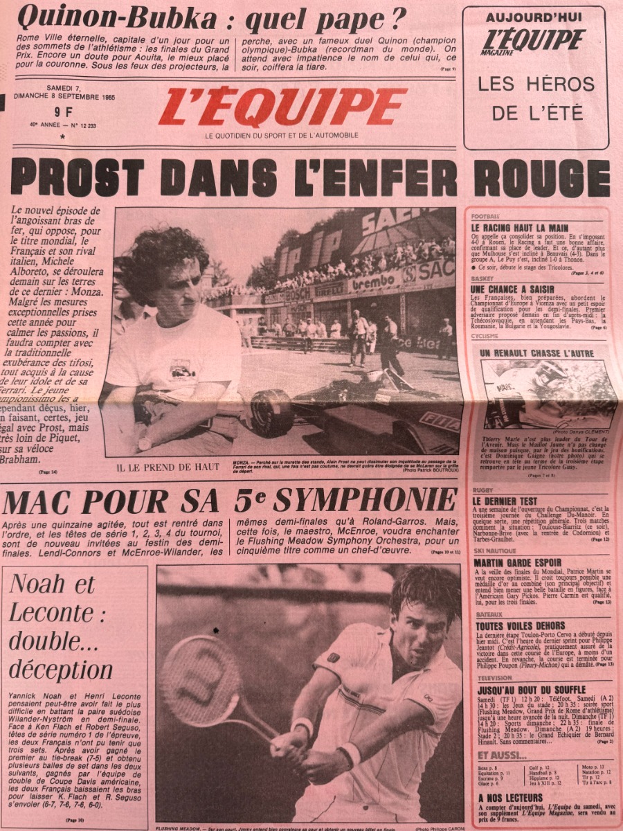 Journal l'équipe 08/09/1985 Alain Prost dans l'enfer rouge - Formule 1 - Journal L'Équipe authentique - Revue Vintage