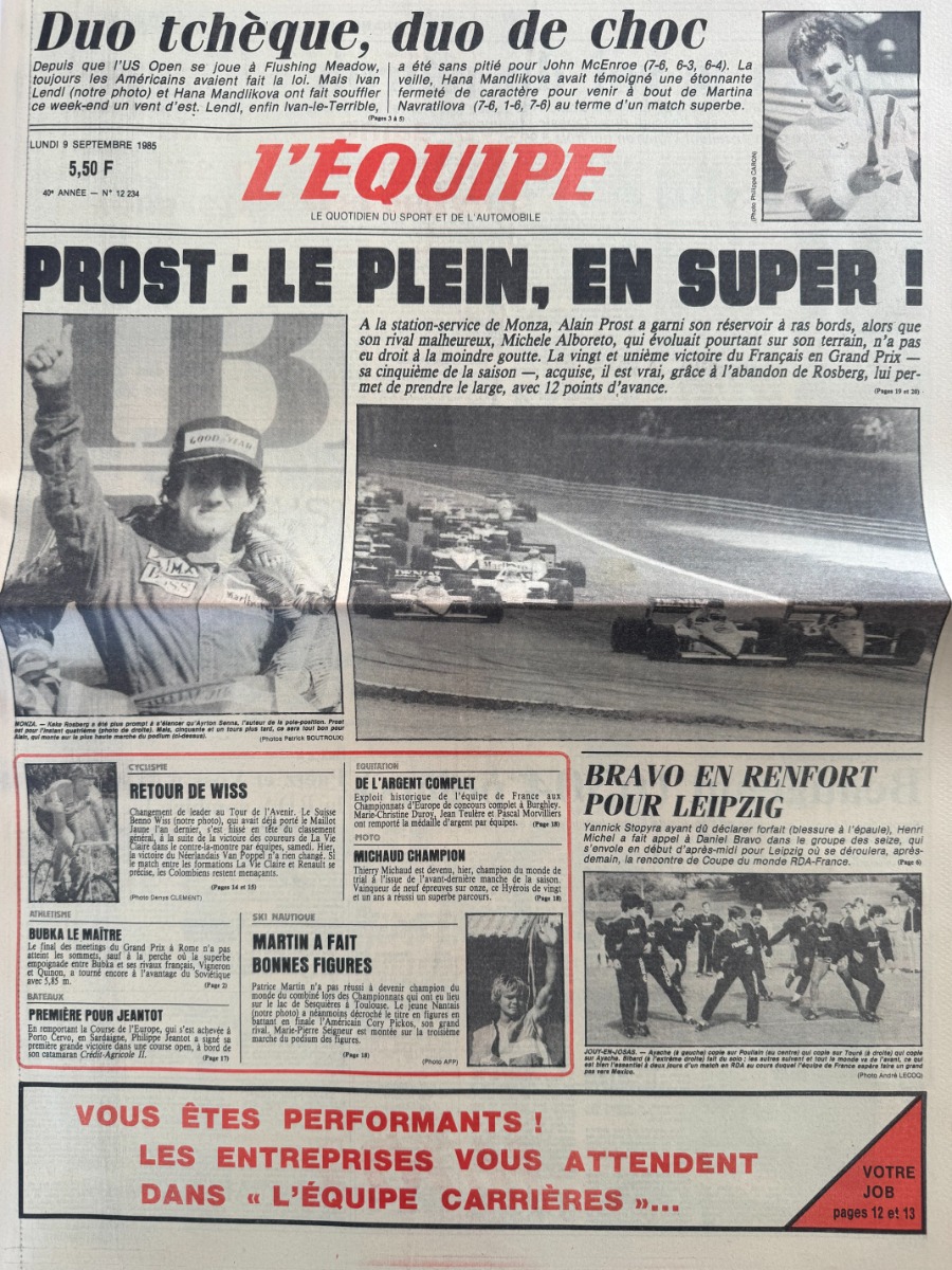 Journal l'équipe 09/09/1985 Alain Prost Grand Prix d'Italie - Formule 1 - Journal L'Équipe authentique - Revue Vintage