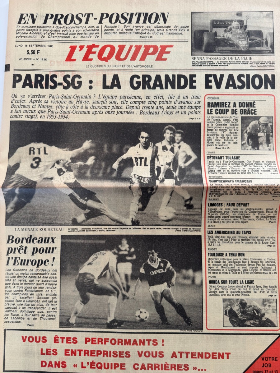 Journal l'équipe 16/09/1985 Paris Saint Germain la grande évasion - PSG - Football - Journal L'Équipe authentique - Revue Vintage