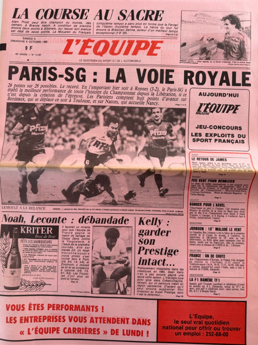 Journal l'équipe 06/10/1985 Paris Saint Germain la voie royale - PSG - Football - Journal L'Équipe authentique - Revue Vintage