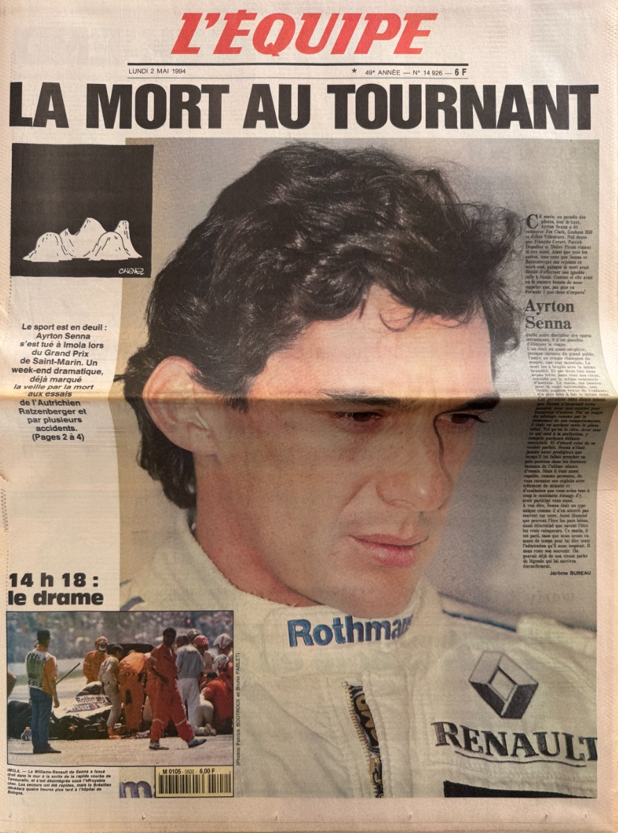 Journal l'équipe 02/05/1994 La mort au tournant - Ayrton Senna - Formule 1 - Imola - Italie - Journal L'Équipe authentique - Revue Vintage