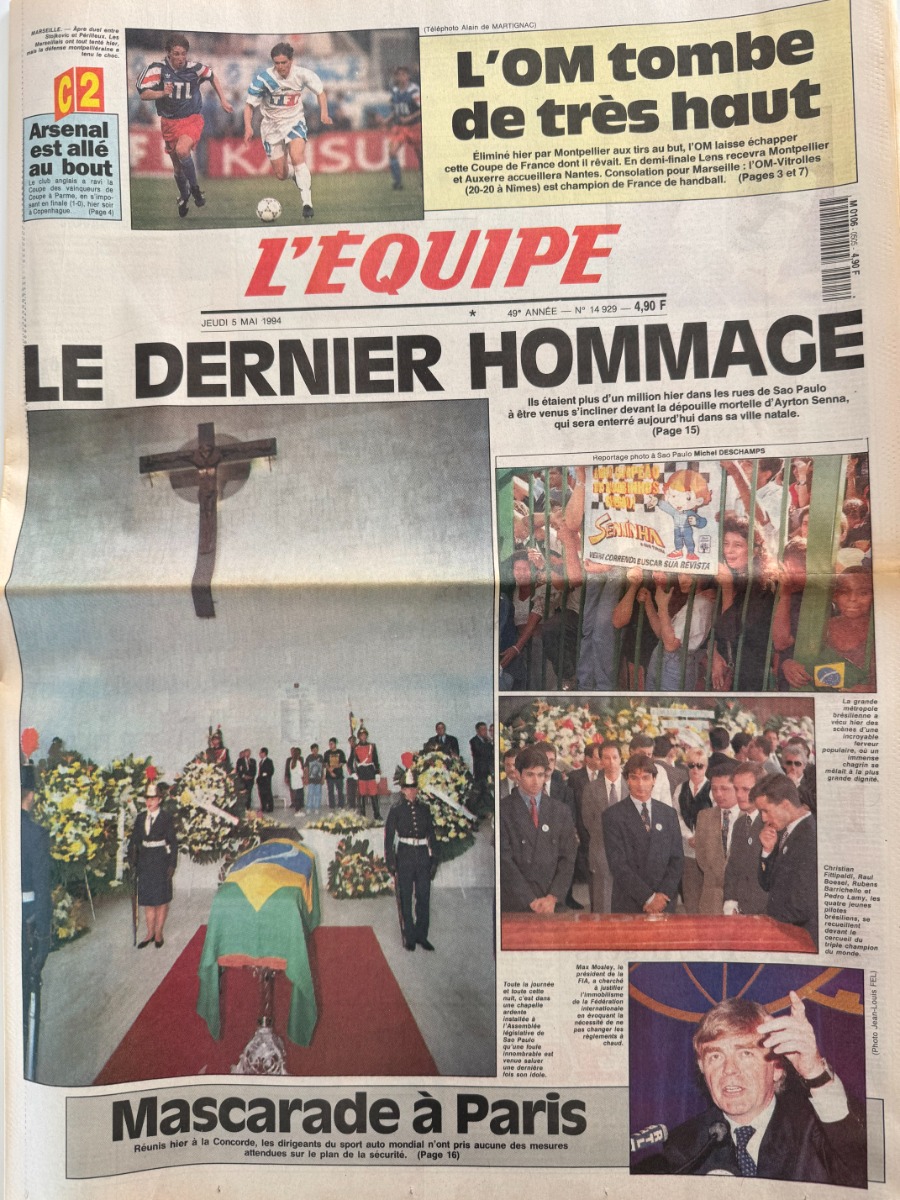 Journal l'équipe 05/05/1994 Dernier Hommage - Ayrton Senna - Formule 1 - Journal L'Équipe authentique - Revue Vintage