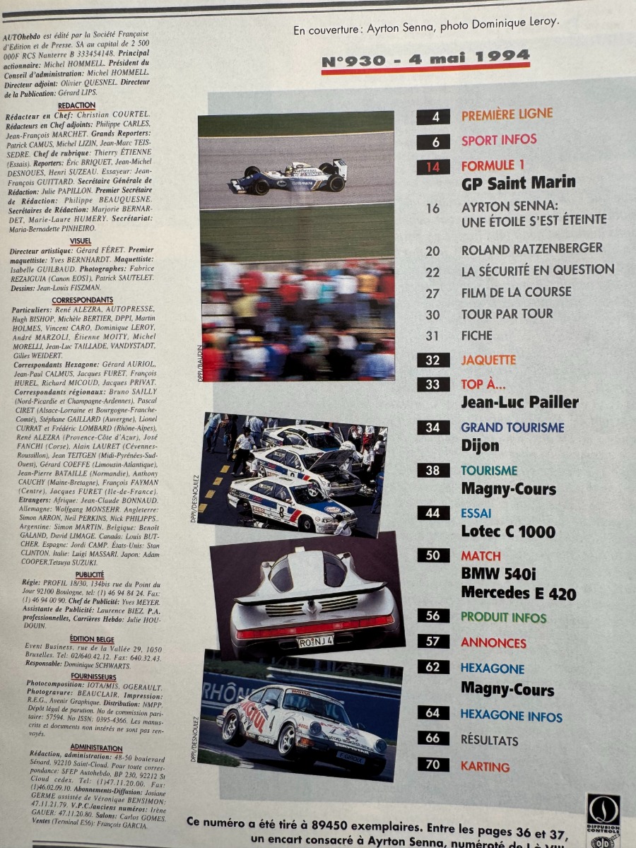 Auto Hebdo N° 930 du 04/05/1994 Ayrton Senna - Formule 1 - Vue 2 - Autres sports