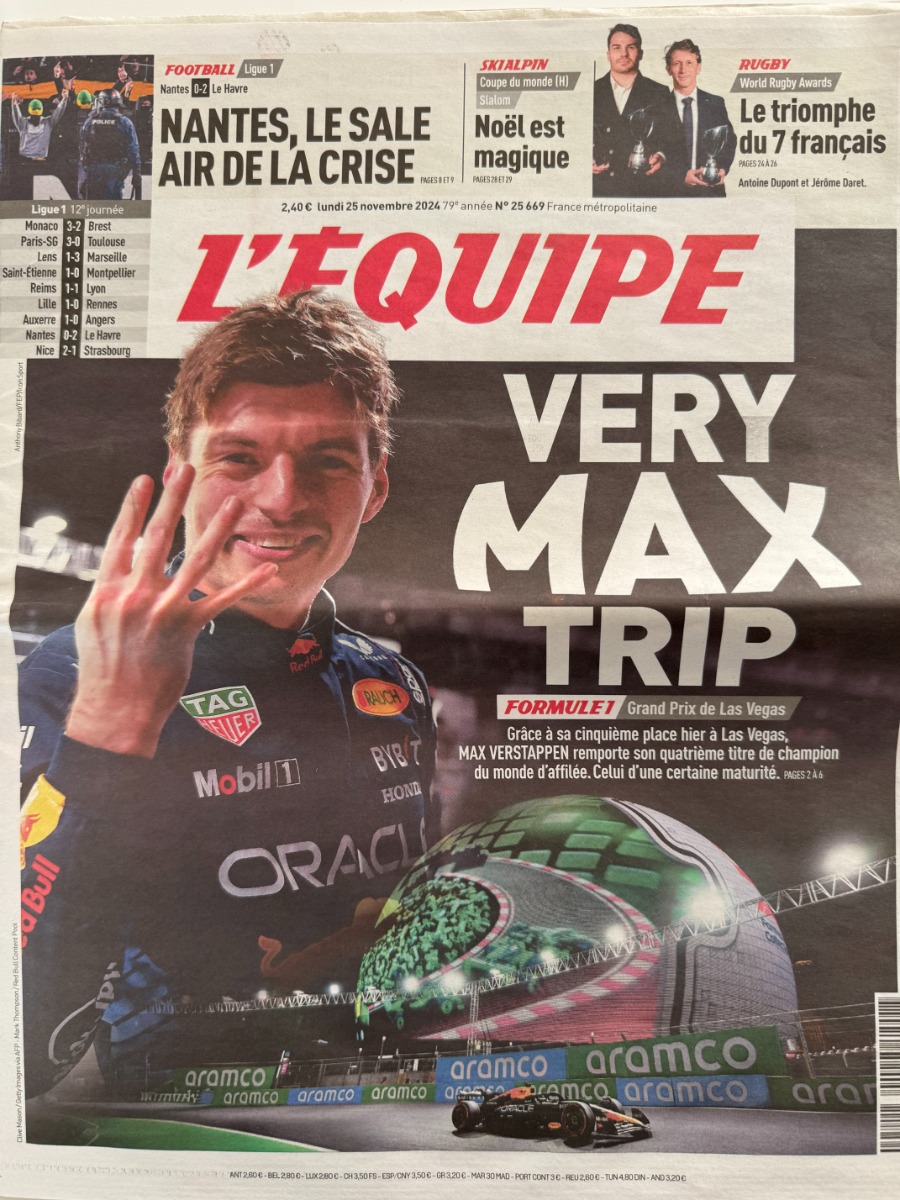 Journal l'équipe 25/11/2024 - Very Max Trip - Max Verstappen - Formule 1 - Journal L'Équipe authentique - Revue Vintage