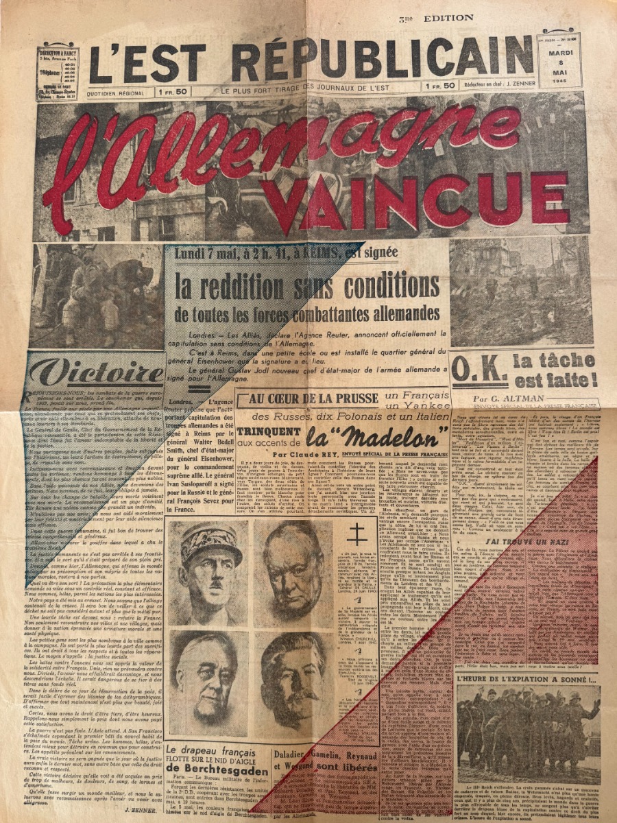 Journal L'est républicain 8 mai 1945 L'Allemagne Vaincue - Fin de la 2eme guerre mondiale - WW2 - Guerre authentique - Revue Vintage