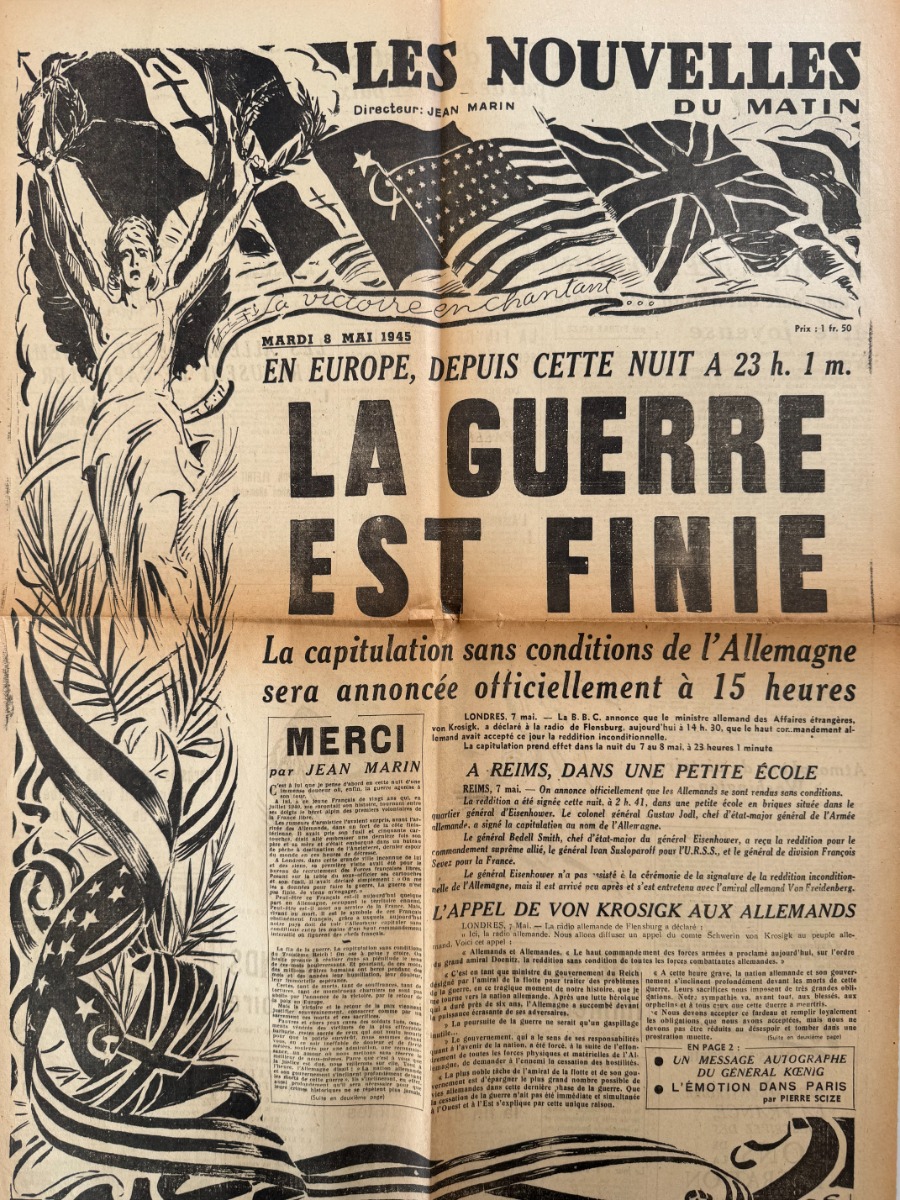 Journal Les Nouvelles du matin 8 mai 1945 - La guerre est Finie - Fin de la 2eme guerre mondiale - WW2 - Guerre authentique - Revue Vintage