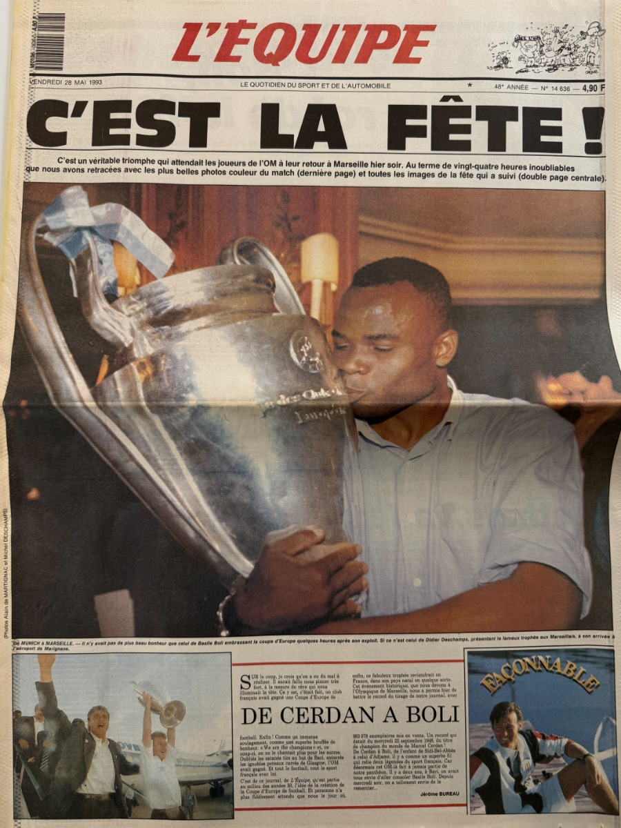 Journal l'équipe 28/05/1993 C'est la fête - Marseille / Milan AC - Finale Coupe d'Europe - Boli OM - Football - Journal L'Équipe authentique - Revue Vintage