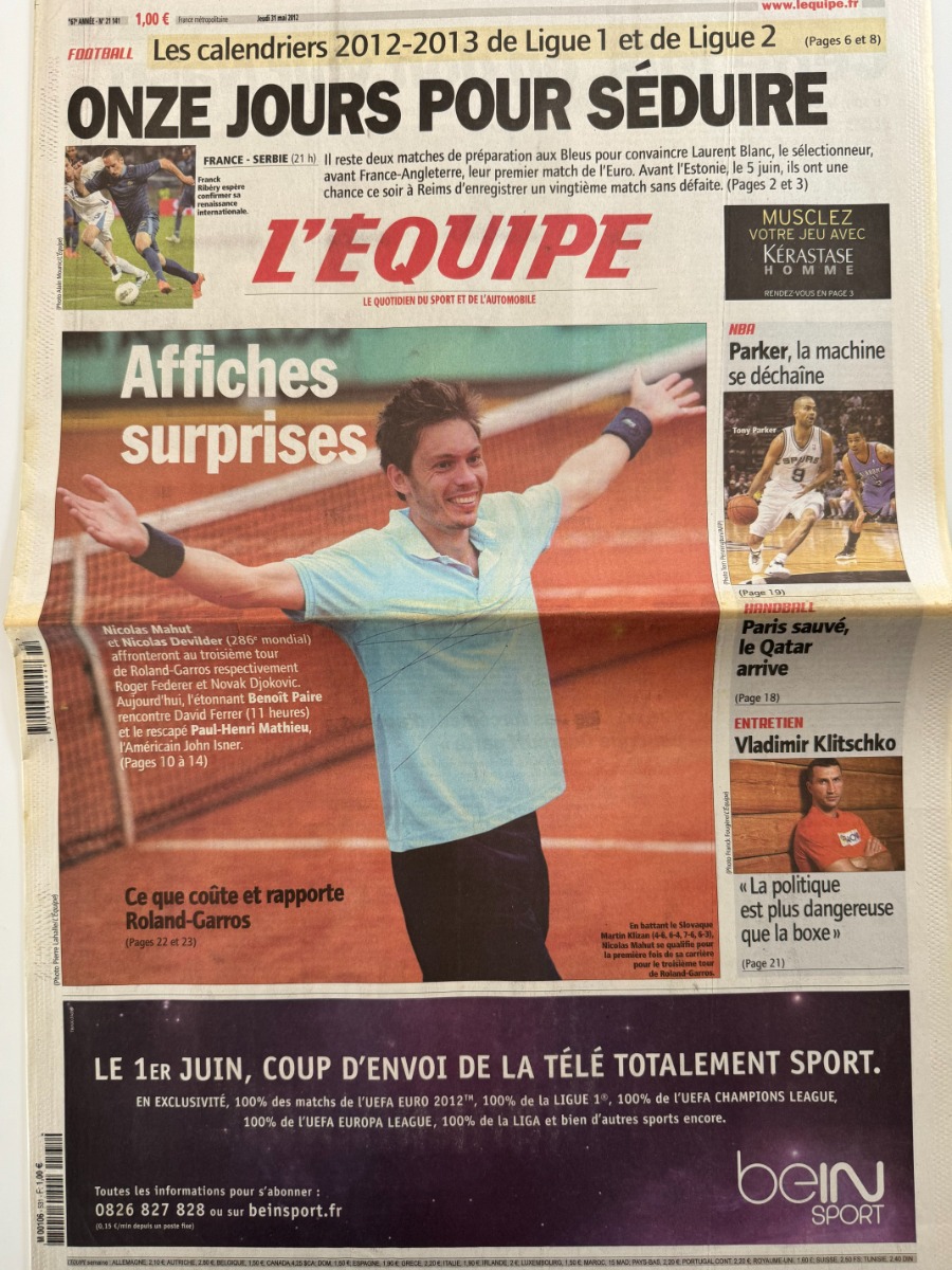 Journal l'équipe 31/05/2012 Roland Garros Nicolas Mahut / Federer - Tennis - Journal L'Équipe authentique - Revue Vintage