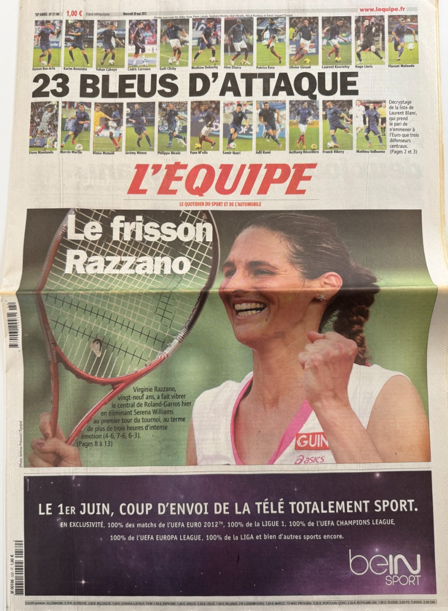 Journal l'équipe 30/05/2012 Roland Garros Le frisson Razzano / Serena Williams - Tennis - Journal L'Équipe authentique - Revue Vintage